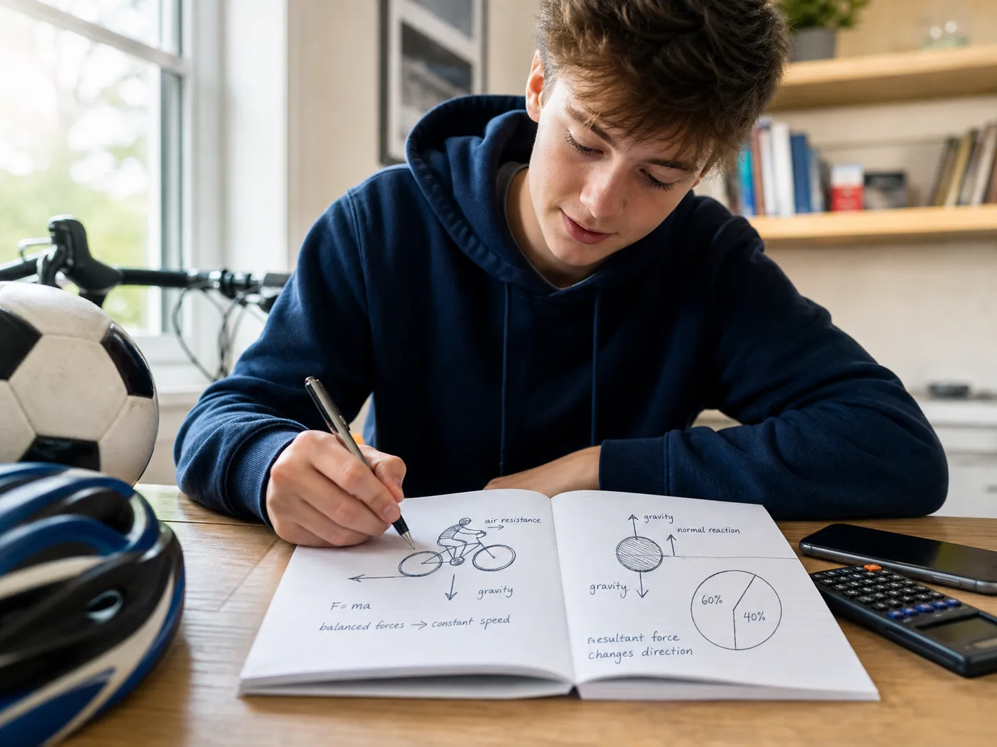 A secondary-school pupil connecting forces and percentages to cycling and football in a study notebook.