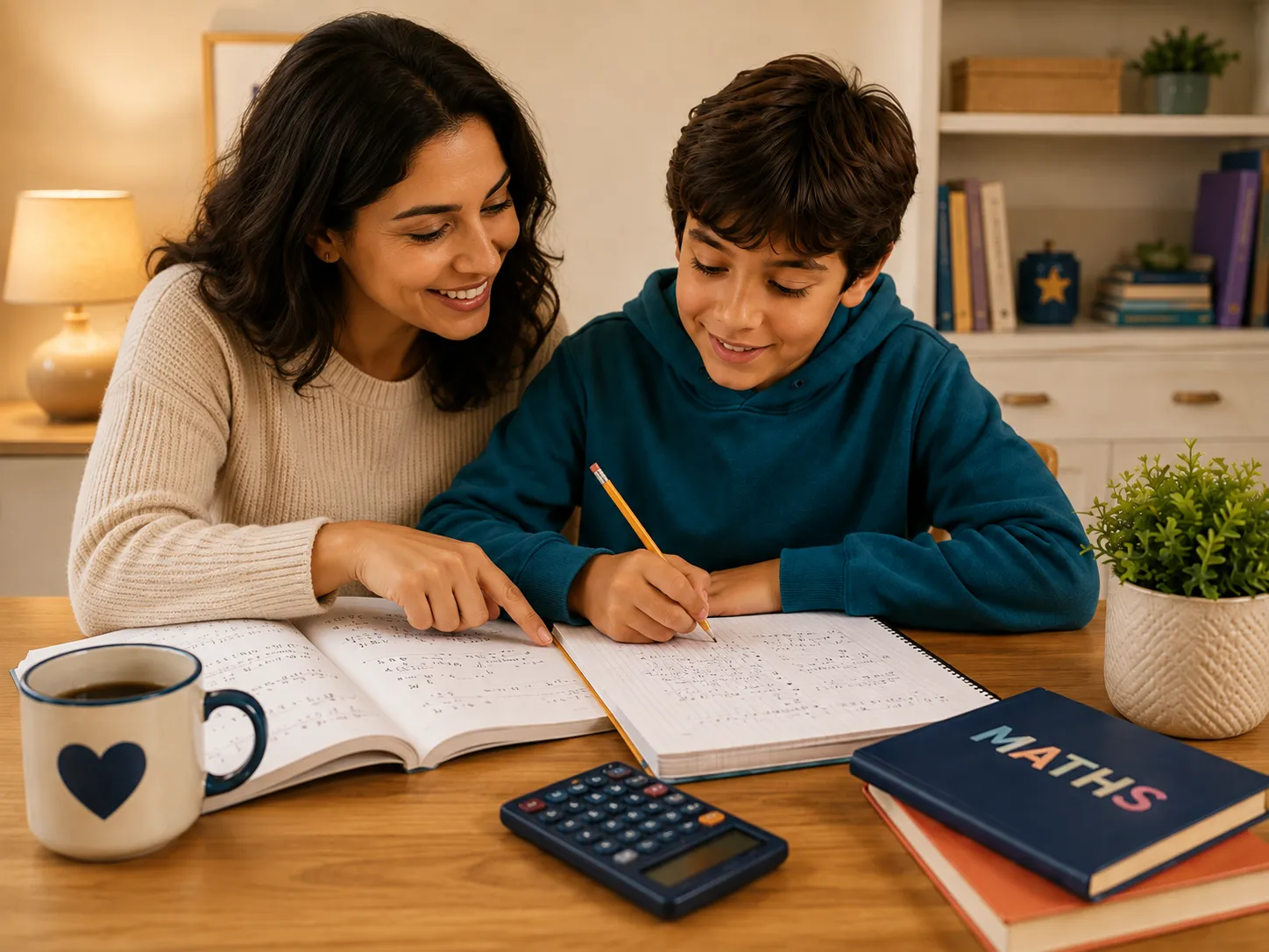 A parent and a young teenager working through a maths exercise book together at a kitchen table, a calculator between them.