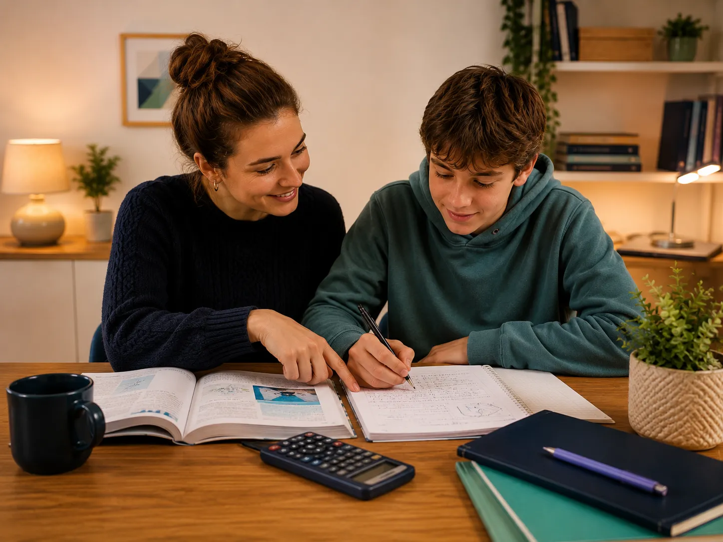 A tutor sitting beside a pupil, working through a maths problem line by line.
