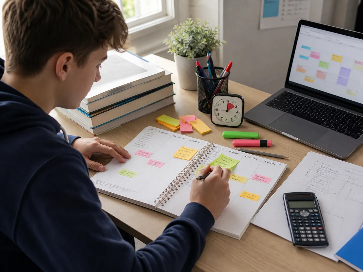 A secondary-school pupil organising a weekly study planner beside a timer, books and a calendar.