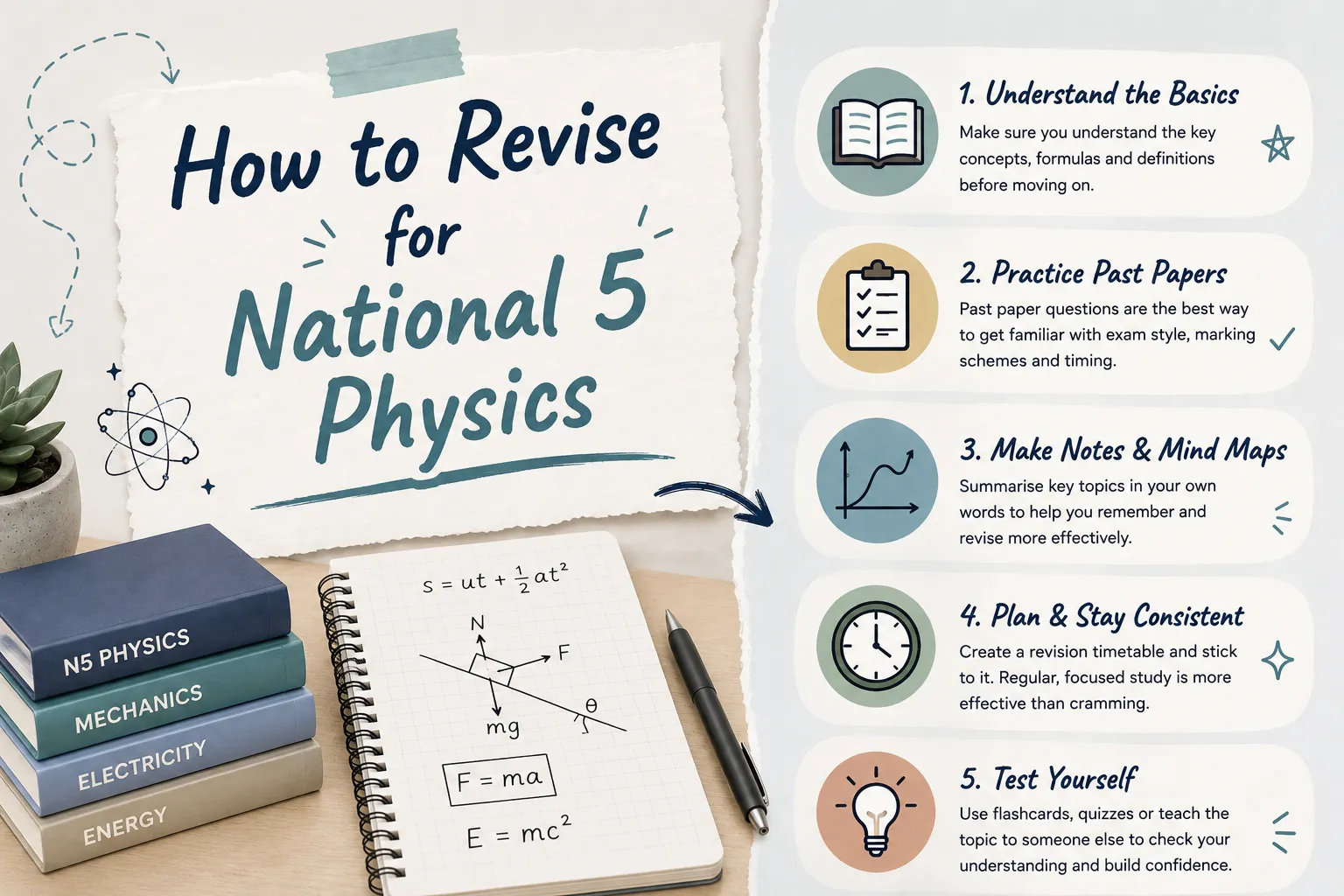 National 5 Physics notes, formulae and revision cards laid out on a desk beside a numbered revision routine.