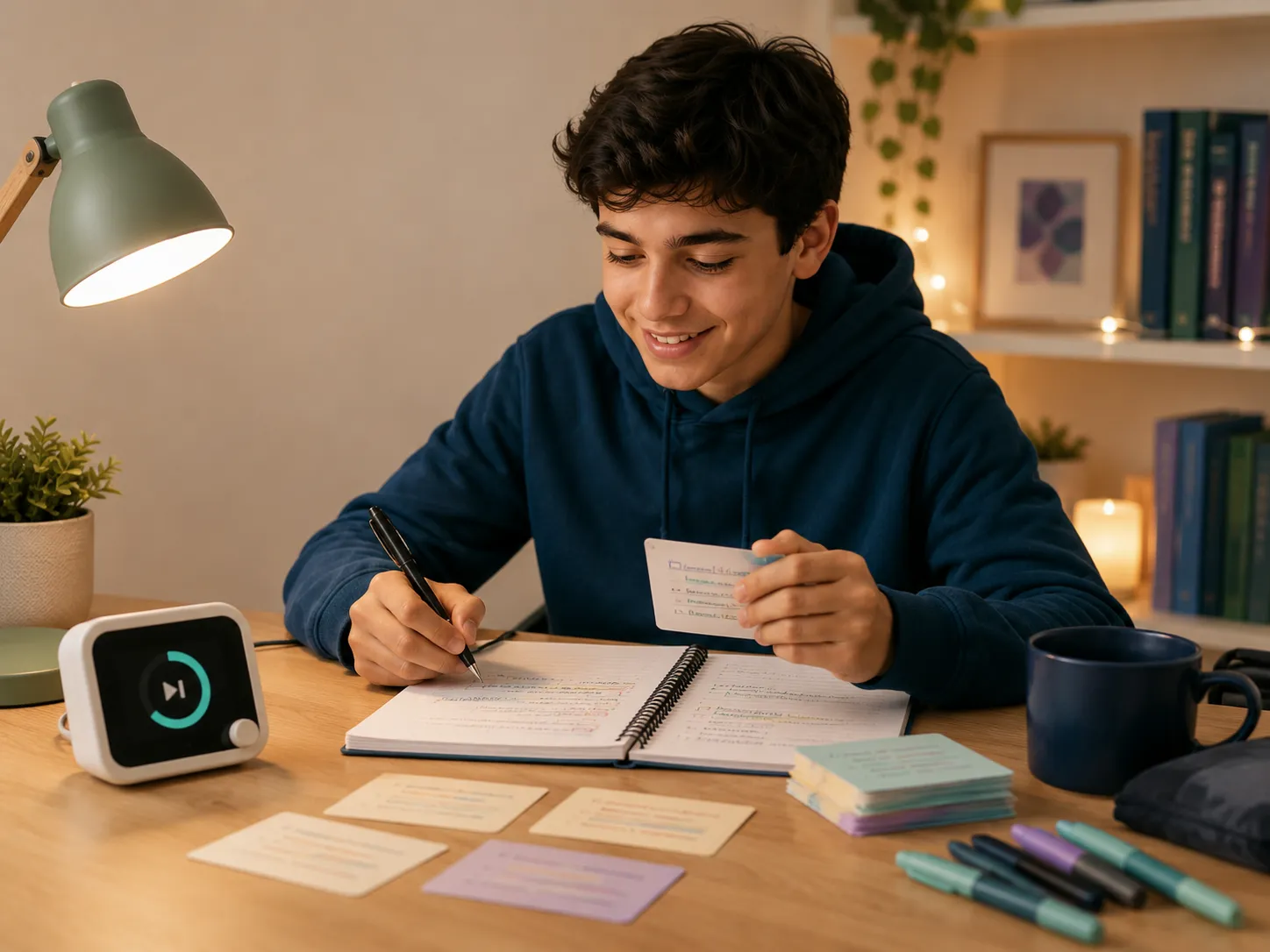 A pupil making revision flashcards at a desk, with a study timer running.
