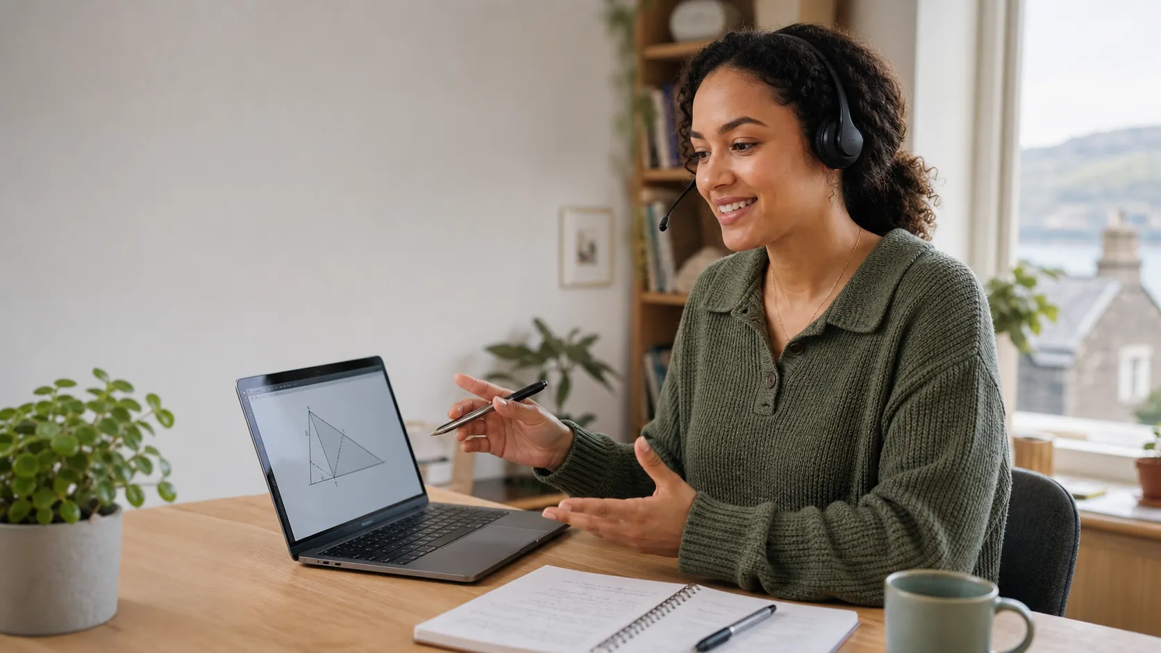 An online tutor explaining a maths diagram from a bright home workspace.