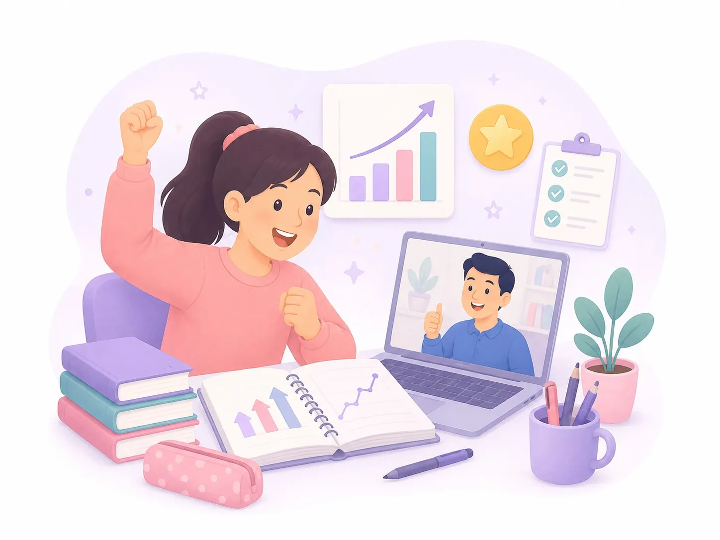 A student celebrating progress during an online tutoring session