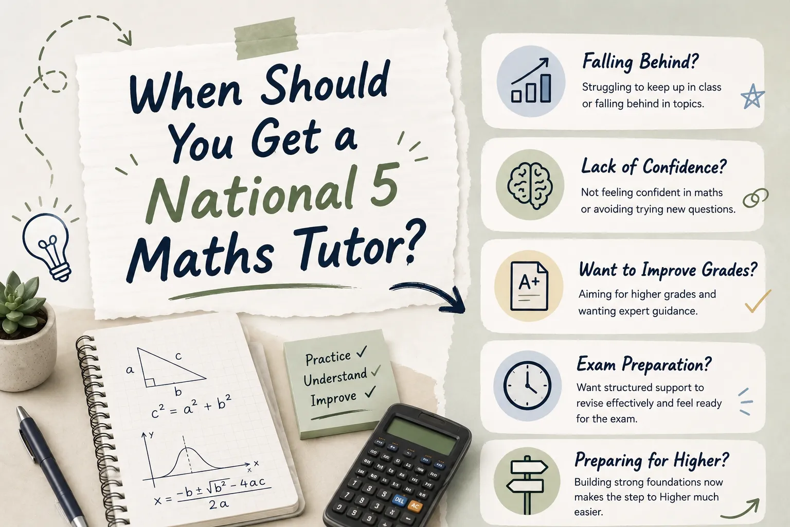 A notebook and calculator on a desk beside a list of signs a pupil may need extra support in National 5 Maths.